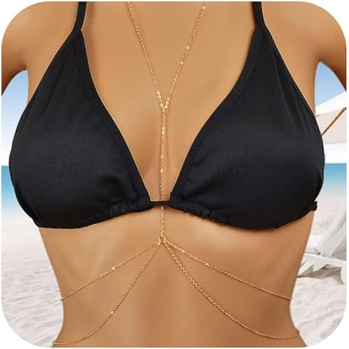 14K Gold Plated Body Chain for Women, Rhinestone Layered Belly Waist Chain, Adjustable Crossover Bikini Bra Body Jewelry with Extension Chain