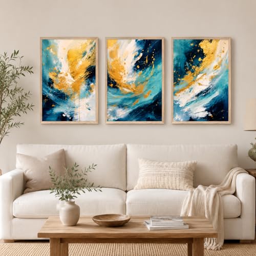 Image of Livin'luxe Set of 3 Blue Gold Abstract Wall Photo with Frame for Living Room Bedroom Hall Office Decor, Premium Wooden Synthetic Frame Modern Artwork Gift
