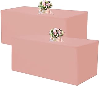 2 Pack Fitted Tablecloths 96 x 30 Inch, Dusty Rose Rectangle Table Clothes for 8 Foot Tables, Washable Polyester Fabric Ta...