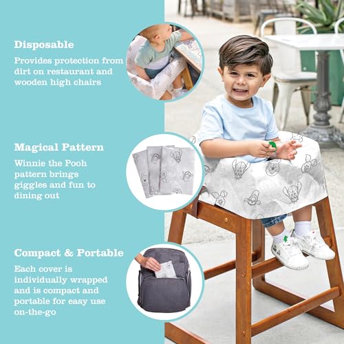 Image of J.L. Childress Disney Baby Disposable High Chair Covers, 12 Pack - Pooh | Individually wrapped, disposable & recyclable restaurant high chair covers make traveling with babies, toddlers & kids easier