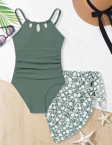 Image of KANGKANG Girls Swimsuit Quick Dry Cut Out One Piece Swimsuits with Tropical Print Cover Up Skirt Bathing Suit Swimwear 7-18Y