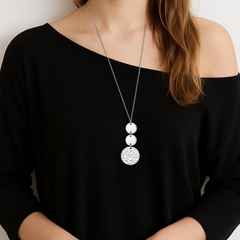 Long Necklaces for Women Sterling Silver Long Silver Necklace Trendy Boho Disc Sweater Pendant Jewelry Gifts for Her Adjustable Chain