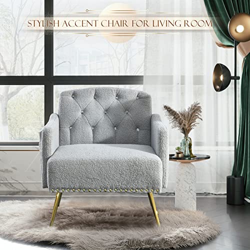 Upholstered Accent Chair, Modern Armchair Single Sofa Arm Chair With Golden Rivet And Metal Legs, Tufted Lounge Reading Chair With 2 Pockets For Living Room, Bedroom, Office, Teddy Gray #TOP5