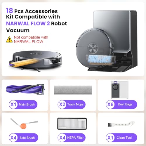 Image of 18 Pcs Accessories kit Compatible with NARWAL FLOW 2 Robot Vacuum | Kit Includes 1 Main Brush, 6 Dust Bags, 4 HEPA Filters, 2 Rolling Track Mops, 4 Side Brushes, 1 Clean Tool