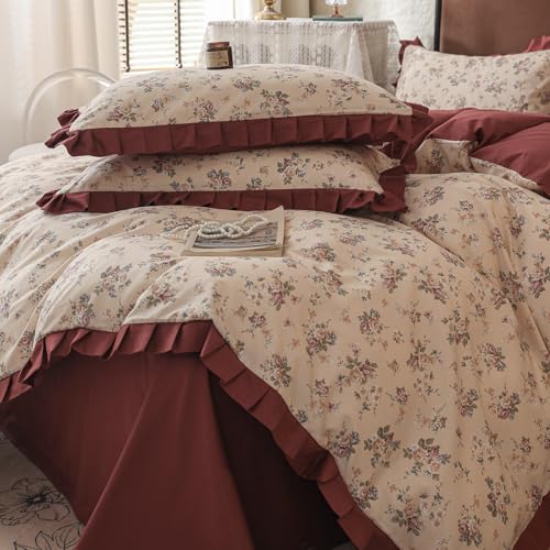 Image of VM VOUGEMARKET Red Ruffle Duvet Cover Twin,Vintage Rose Flower Bedding Set with Zipper Ties 100% Cotton Romantic Lace Comforter Cover for Teen Girls