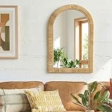 iyabat 24x36 inch Rattan Arched Mirror for Wall, Bohemia Bathroom/Farmhouse Boho Mirrors, Vanity Irragular Decorative Arched Mirror, Suitable for, Bedroom, Living Room, Home Decoration
