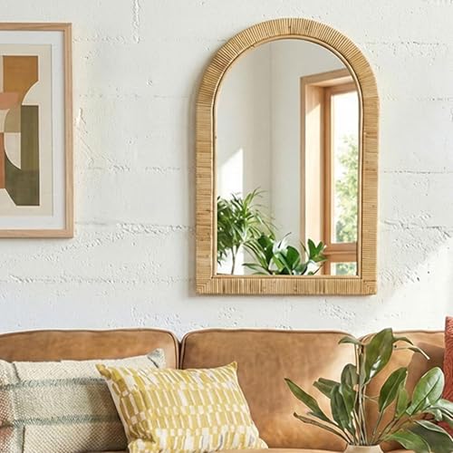 iyabat 24x36 inch Rattan Arched Mirror for Wall, Bohemia Bathroom/Farmhouse Boho Mirrors, Vanity Irragular Decorative Arched Mirror, Suitable for, Bedroom, Living Room, Home Decoration