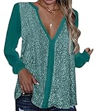  Onsoyours Haut Femme Brillantes Paillettes Manches Longues Mode Tops Glitter Sequins Patchwork Tunique Shirt Col en V Fête Club Pullover Blouse Élégant Lâche Chemisier A Bleu Clair XXL