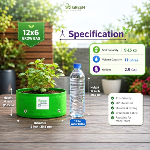 Image of HDPE Grow Bags for Plants 12X6 Inch (Pack of 1) | 260 GSM Heavy Duty UV-Protected Round Green Colour Plant Bags for Terrace and Vegetable Gardening | Strong & Reusable|