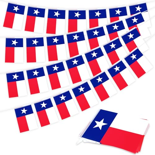 Image of 32.8 ft Texas Flag Banner, 30 Pcs Mini Lone Star String Flags, Red White Blue Bunting for Texas Independence Day, Western Party, Parades, Home, Garden, and Outdoor Decorations
