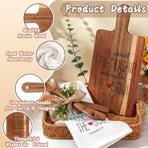 Juego de 7 piezas para amigas: tabla de cortar de madera de acacia, cuchara y tenedor de ensalada, paño de cocina impreso, bolsa de PVC transparente, ramitas artificiales y cinta de cáñamo — regalo ideal para cumpleaños, Navidad o sorpresa miniatura 3