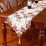 Sattiyrch Christmas Embroidered Table Runner, Luxury Poinsettia and Holly Table Runner for Xmas Decorations,15x69 Inch (White)