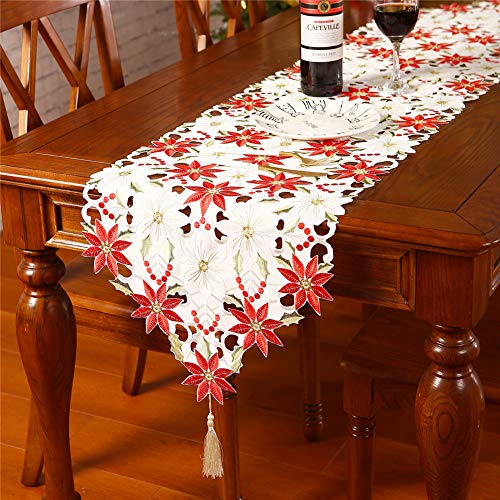 Sattiyrch Christmas Embroidered Table Runner, Luxury Poinsettia and Holly Table Runner for Xmas Decorations,15x69 Inch (White)