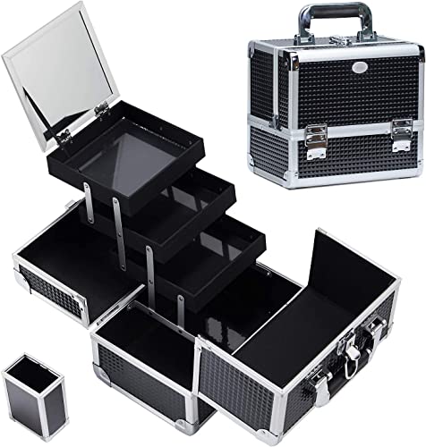 Malette Maquillage avec Miroir Beauty Case de Voyage Vanity Maquillage Boite Maquillage Malette Onglerie Malette Cosmétique Mallette Rangement Malette Esthetique avec Pinceau de Maquillage, Noir