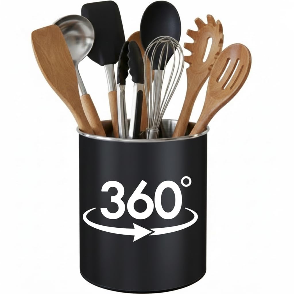 Cooler Kitchen Black Rotating Extra Large Stainless Steel Utensil Holder Caddy with Sturdy No-Tip Weighted Base, Removable Divider, and Gripped Insert - Dishwasher Safe Metal Cooking Utensil Holder