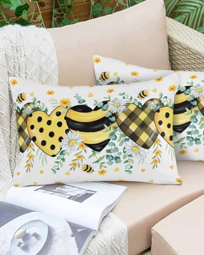 Boanket Lumbar Pillow Covers 12 x 20 Inches, Summer Botanical Waterproof Throw Pillow Cover Set of 2, Yellow Black Love Heart Bee Home Decorative Rectangle Cushion Covers for Patio/Tent/Couch/Garden