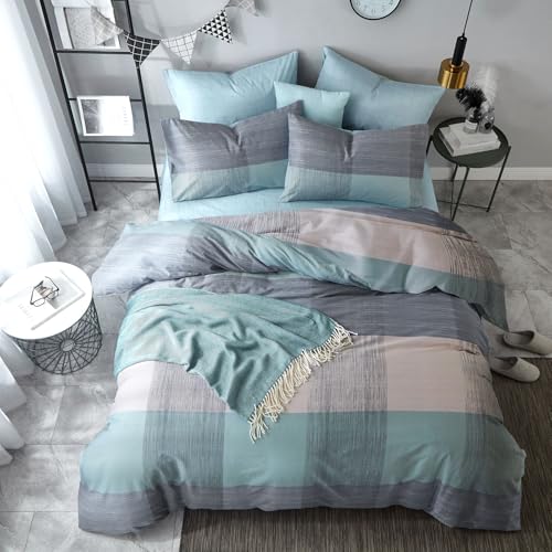 Image of VM VOUGEMARKET Blue Patchwork Duvet Cover Set Queen Multi-Dimensional Design Modern Bedding Set Plaid Mint Green with Stripes Soft Cotton Comforter Cover with Zipper Closure-No Filling