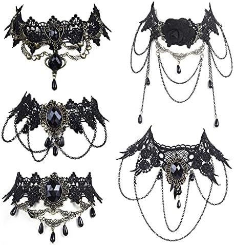 ASTER 5PCS Halloween Lace Choker Necklace Set Black Retro Gothic Lace Collar Neckband Victorian Steampunk Jewelry Party Wedding Princess
