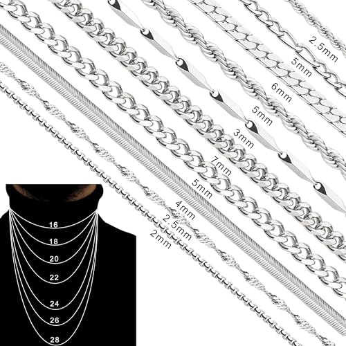 ELLEWIN 10 Pcs Chains for Men Silver Necklace Stackable Stainless Steel Chains Set Mens Jewelry Set Cross Cuban Link Figaro Chain2