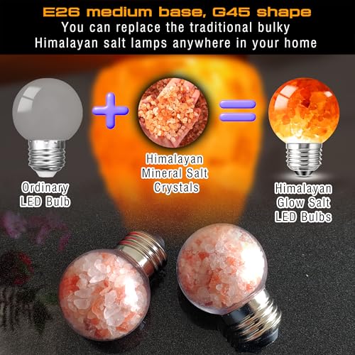 Image of Himalayan Salt Lamp LED Light Bulbs, E26 2200K Warm Amber Pink, 3W Mood Lighting Night Light, E26 G45 Salt Rock Stress Relief Bulbs for Bedroom, Decor, Sleep Light, Non-Dimmable, 2pack