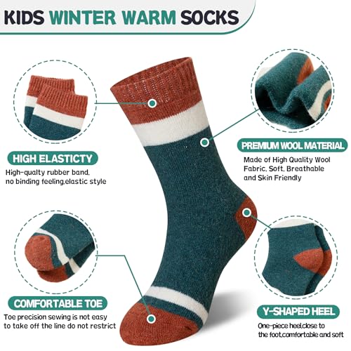 Eyean Kids Merino Wool Socks Boys Girls Thermal Winter Hiking Warm Thick Boot Cozy Toddler Crew Socks 6 Pairs4