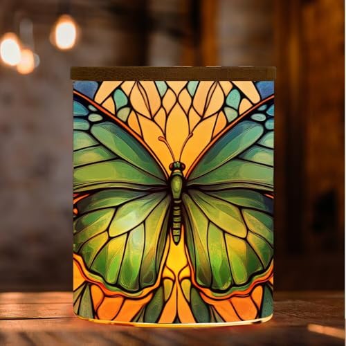 Stained Glass Butterfly Tea Light Candle Jar with Bamboo Lid