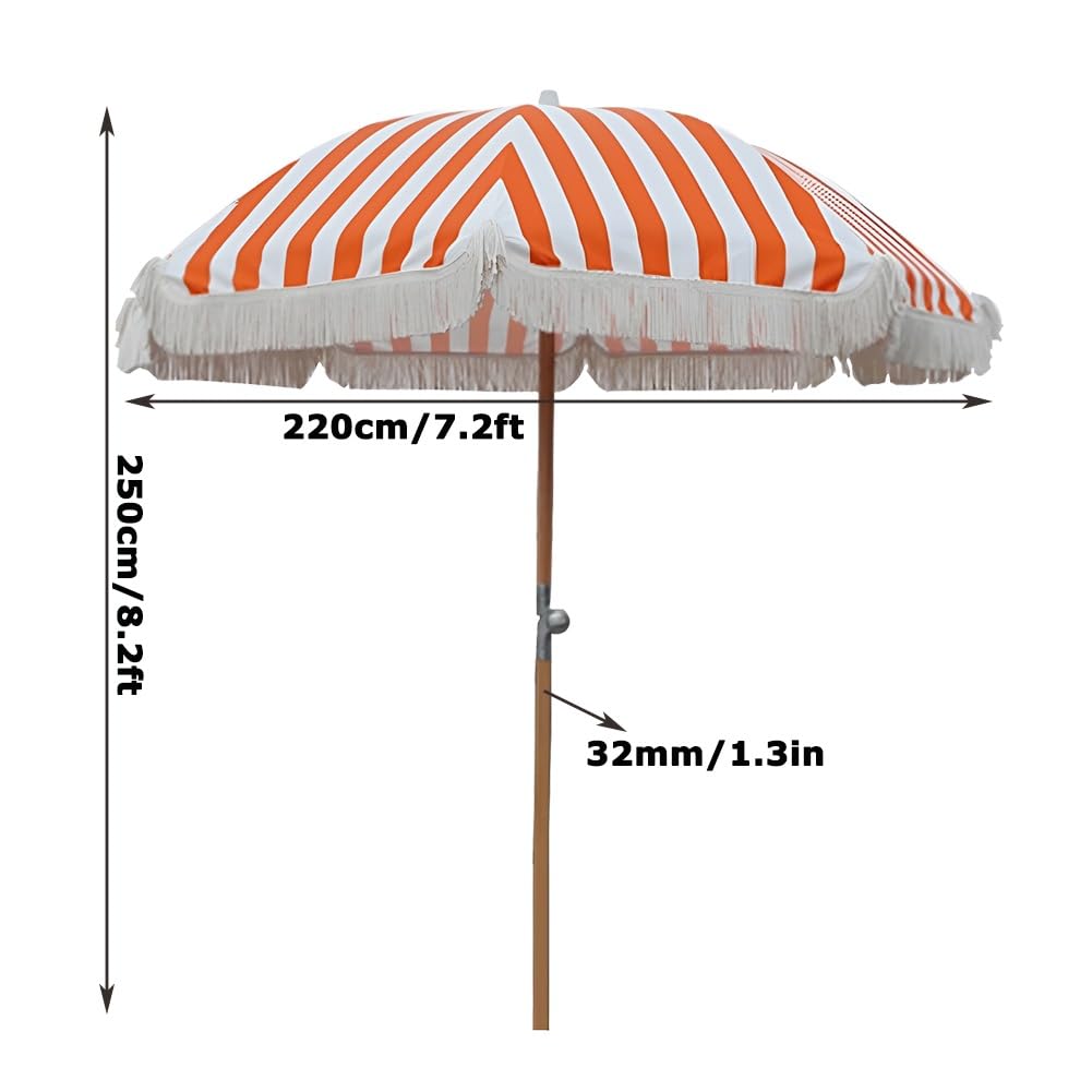 Genérico 220 cm Sombrilla de Exterior a Rayas Naranjas con Borla, Parasol de Playa UPF50+, Sombrilla de Jardín Plegable con Poste de Hierro