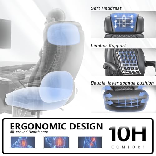 Image of 400lbs Executive Office Chair with Foot Rest for Heavy People, Ergonomic Big and Tall Desk Chair with Adjustable Headrest, High Back PU Leather Comfy Heavy Duty Computer Chair with Spring Cushion