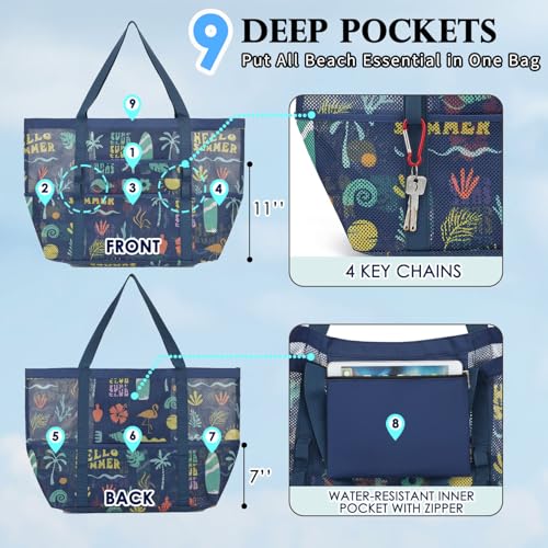 Image of Fammart Mesh Beach Bag for Women, Large Beach Toy Pool Bag with Zipper Pocket, SandProof Cruise Essentials 2026 Family Travel