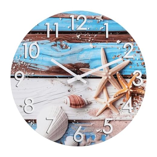 Rustic Wall Clock 12 Inch Silent Non-Ticking Battery Operated, Coastal Beach Clock for Bathroom Kitchen Living Room Bedroom,Seashell Theme,Blue (Glass)