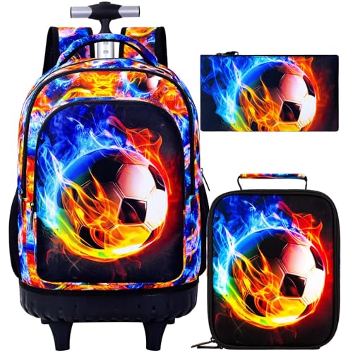 Boys Rolling Backpack 3PCS with Lunch Flame Soccer