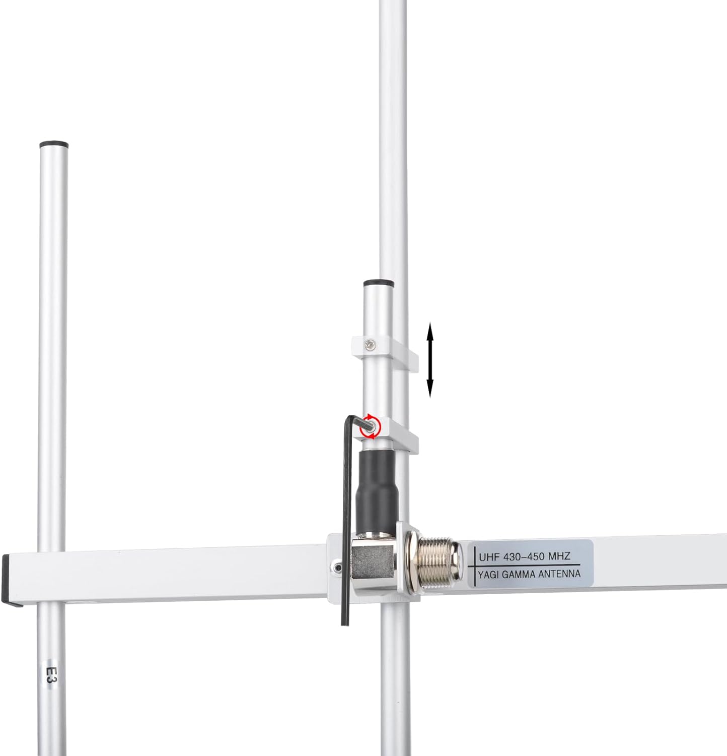 Close-up of the Bingfu Yagi antenna's UHF connector and gamma match adjustment.