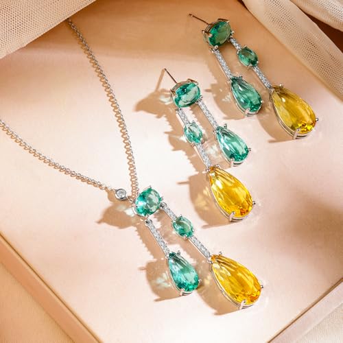 Image of Rubans Rhodium-Plated Emerald Green & Yellow Crystal Cubic Zirconia Studded Necklace Set