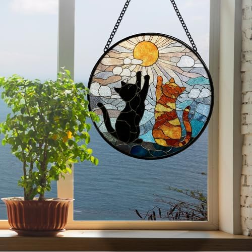 JMENGSSFL Funny Black and Orange Cat Stained Glass Window Hanging, Cat Lovers Gifts Suncatcher Sun Catchers Indoor Window, Cats Round Glass Wall Art Hanging Decor, 7.9x7.9 inch - 1