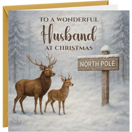 Christmas Card For Husband Textured Hammered Card Xmas Greetings Cards Beautiful Snow Scene Stag Reindeer Deer Design