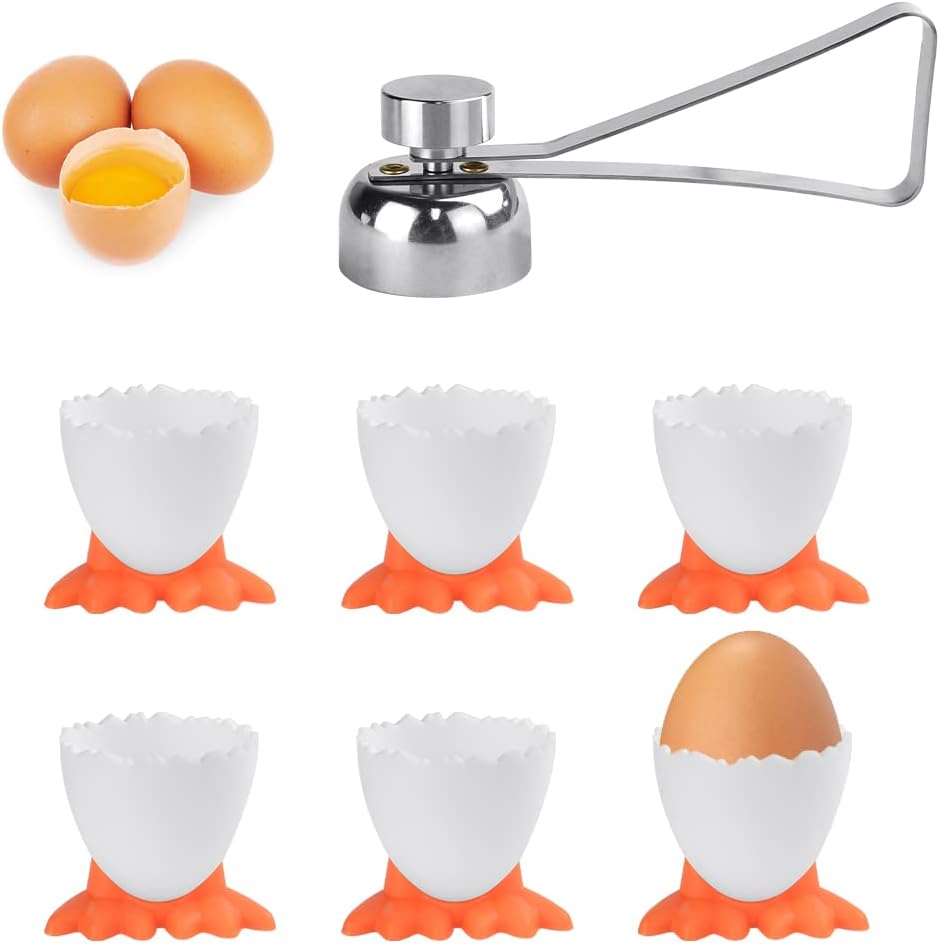 6 PCS Egg Cups Set Novelty Egg Holder Cup Chicken Egg Cup Tray Stand Funny Easter Eggcups with Stainless Steel Egg Opener Egg Topper Opener Cracker for Kitchen Boiled Eggs Breakfast