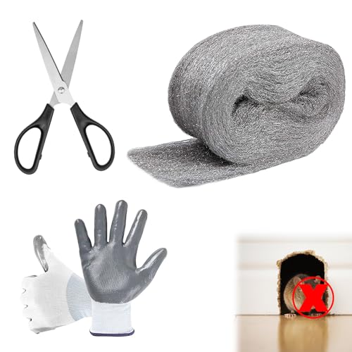 Klfte Steel Wool for Mice Control 3.2 x12 ft Wool Gap Filler for Home & Garage DIY Bundle with Gloves & Scissors - 1 Pack