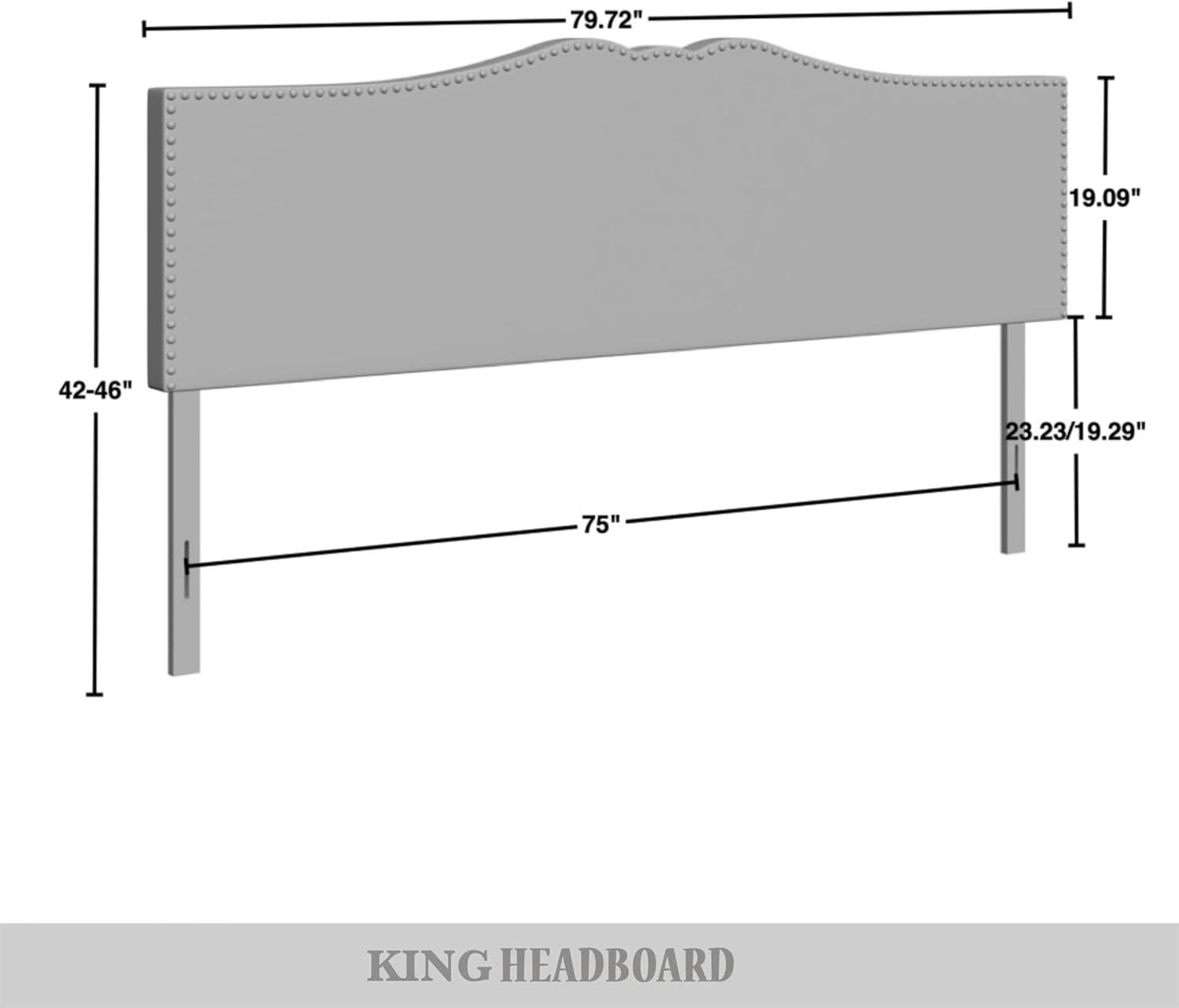 King Scalloped Linen Upholstered Headboard with Nailhead Trim, Charcoal Grey