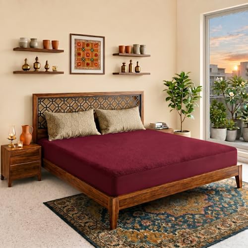 Image of Lithara Terry Cotton Fitted Mattress Protector for Single Bed | Waterproof & Elastic Band | Ultra Soft & Hypoallergenic Mattress Cover | Size : 36 x 78 Inches (3 x 6.5 Feet) | (Wine Red)