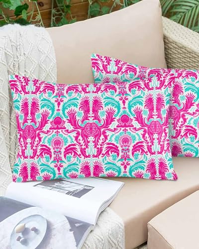 Boanket Lumbar Pillow Covers 12 x 20 in, Pink Teal Waterproof Throw Pillow Cover Set of 2, Ethnic Modern Geometric Aesthetics Home Decorative Rectangle Cushion Covers for Patio/Tent/Couch/Garden