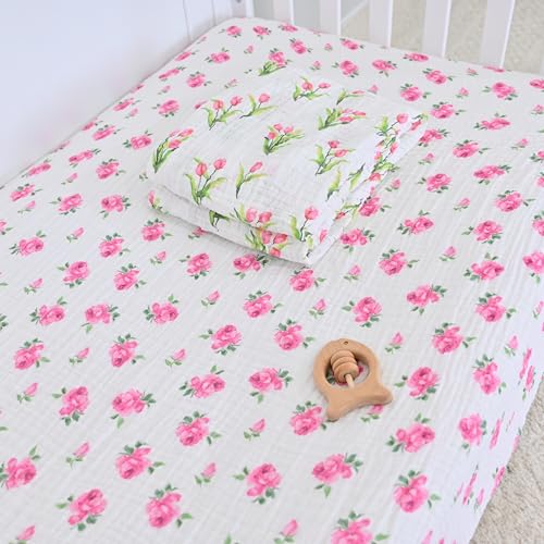 Image of LollyBanks Muslin Crib Sheet, 100% Cotton Fitted Crib Sheets for Girls | Airy gentle-touch fabric, 360 elastic edge for a secure fit on 52 x 28 in standard mattresses (Rosebud)