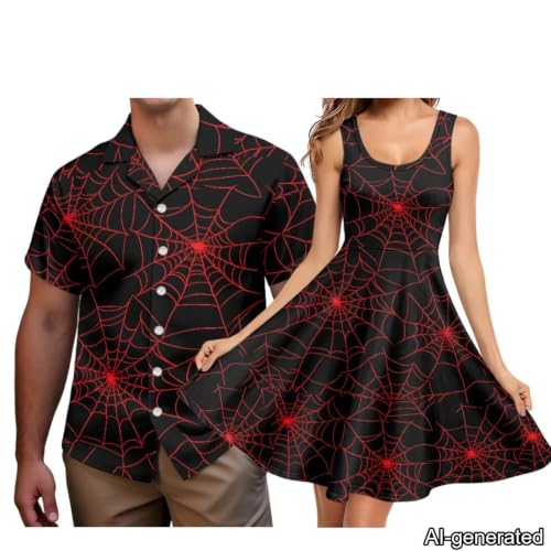 Image of Dreaweet Summer Dresses for Women A-Line Sleeveless Flowy Sun Dresses,Men's Casual Button-Down Shirts,Couple Matching Outfits