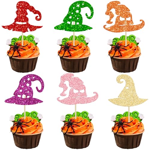 Gyufise 24Pcs Halloween Witch Hat Cupcake Toppers - Glitter Wizard Hat Picks for Baby Shower, Birthday, Halloween Themed Party Cake Decorations Supplies