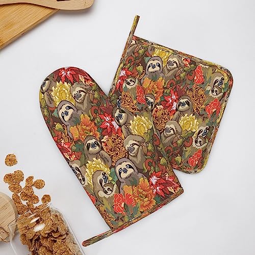Funny Sloths Oven Mitts And Pot Holders Heat Resistant 2Pcs Set Bbq Gloves And Pads For Cooking Baking Grilling #TOP7