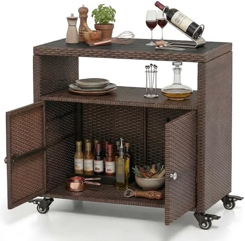 SONGBATE Outdoor Storage Cabinet with Wheels, Patio Sideboard Buffet Cabinet with Metal Slatted Countertop, 2-Door Wicker Sideboard, Outdoor Bar for Patio Garden Backyard Poolside, Mix Brown