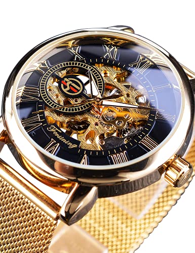 Image of FORSINING Men's Skeleton Watch Steampunk Watch Black Mechanical Watch for Men Minimalist Retro Design Mechanical Skeleton Wrist Watch Transparent