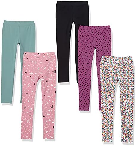 Amazon Essentials Girls' Leggings, Pack of 5, Multicolor, Ditsy Floral, Medium