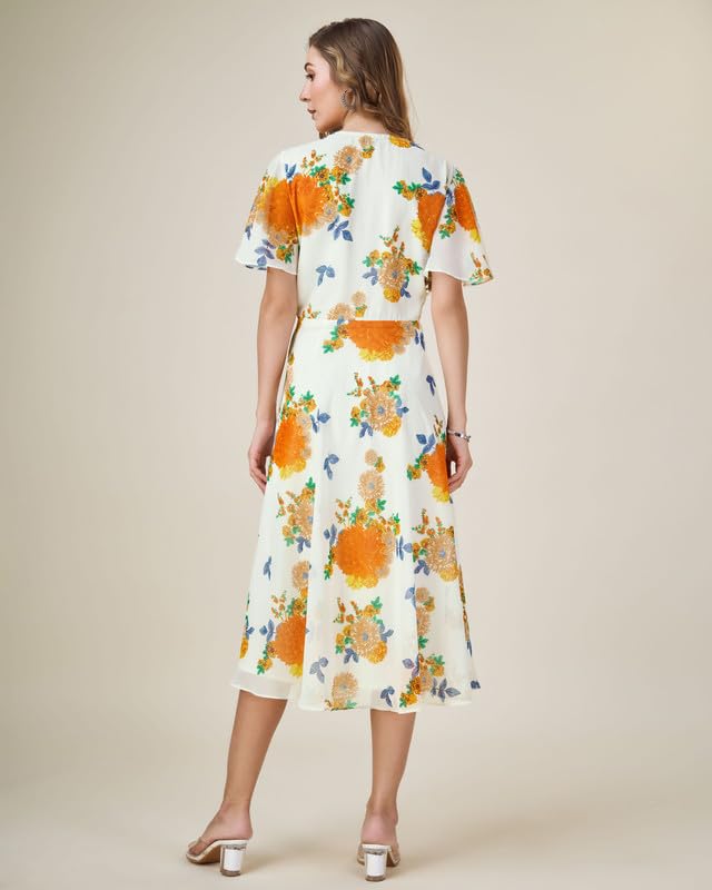 Image of MOJILAA Women's Georgette Floral Printed Gathered Dress