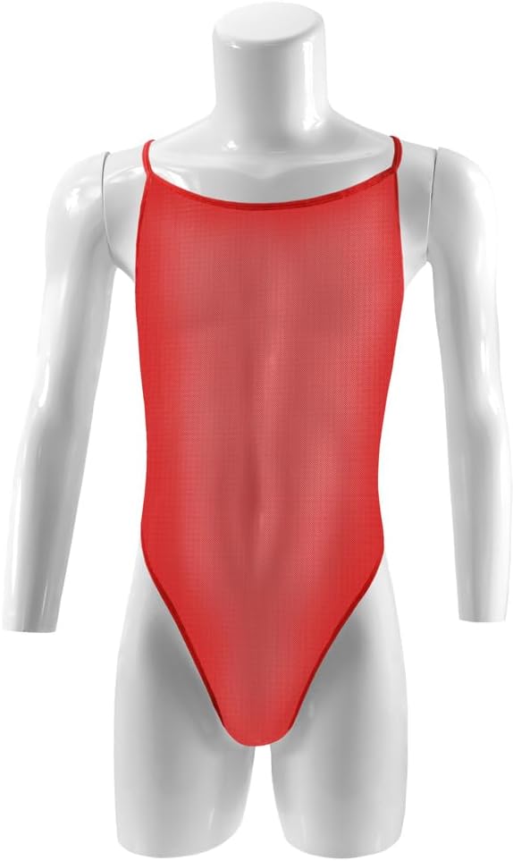 Men's One Piece High Cut Mesh Sheer Bodysuit Thong Leotard Jumpsuit Pajamas Underwear One Size fits XS-L