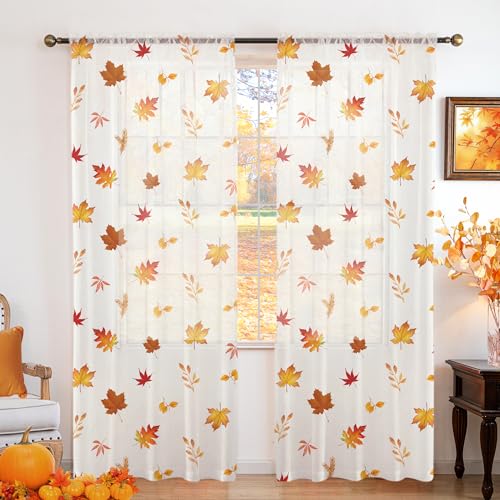 youleyar Fall Sheer Curtains for Living Room 63 Inches Long 2 Panels Orange Semi-Sheer Curtain with Maple Leaves Printed Pattern Fall Rod Pocket Voile Drapes for Bedroom 52 W x 63 L